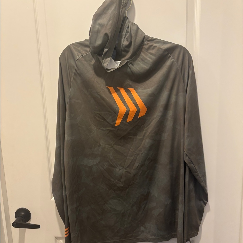 Olive Green and Orange Patterned  Hooded Fishing Pullover